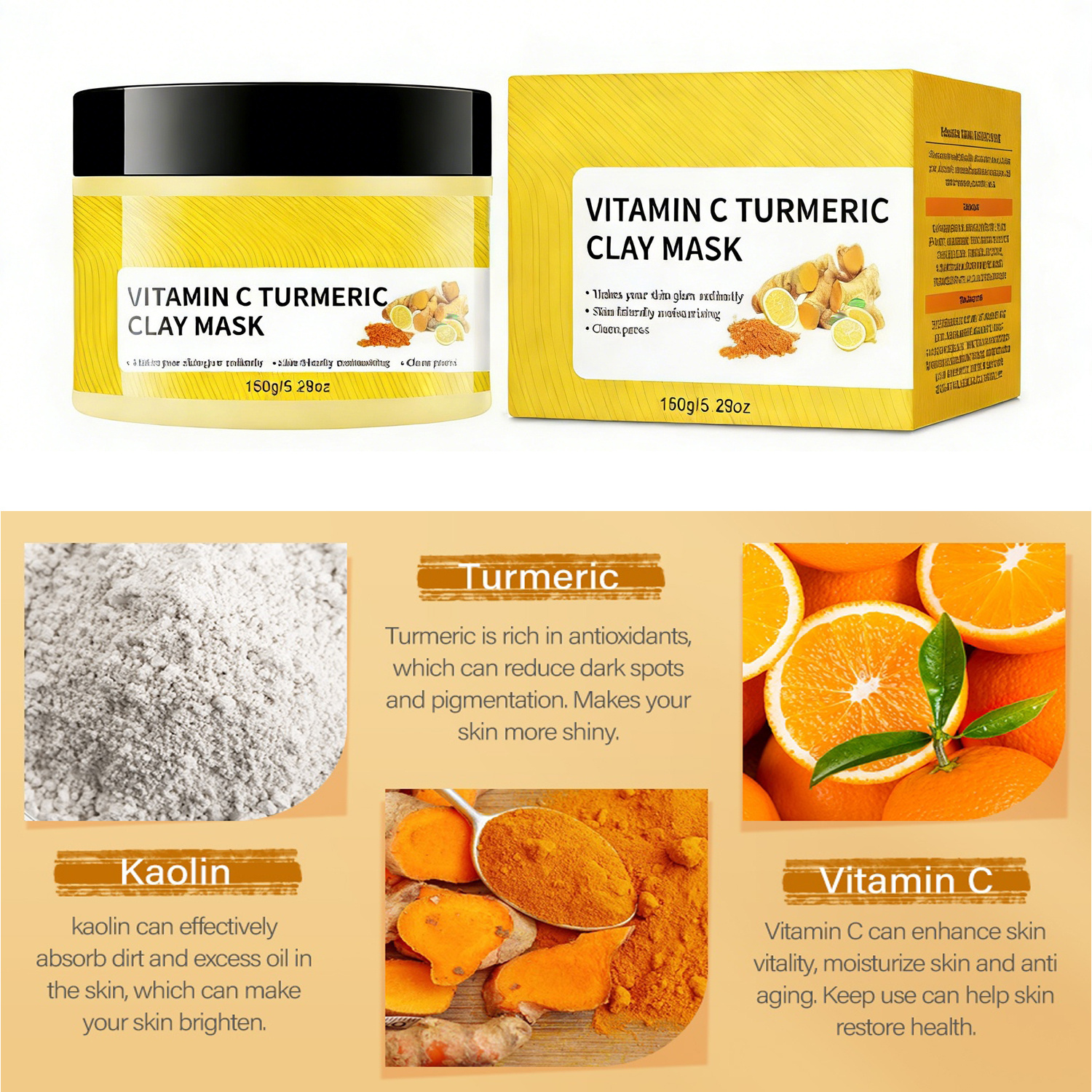 Turmeric Vitamin C Clay Mask With Kaolin Clay For Dull & Blemish-Prone Skin, Deep Cleansing Facial Mask For Controlling Oil And Refining Pores - Image 7