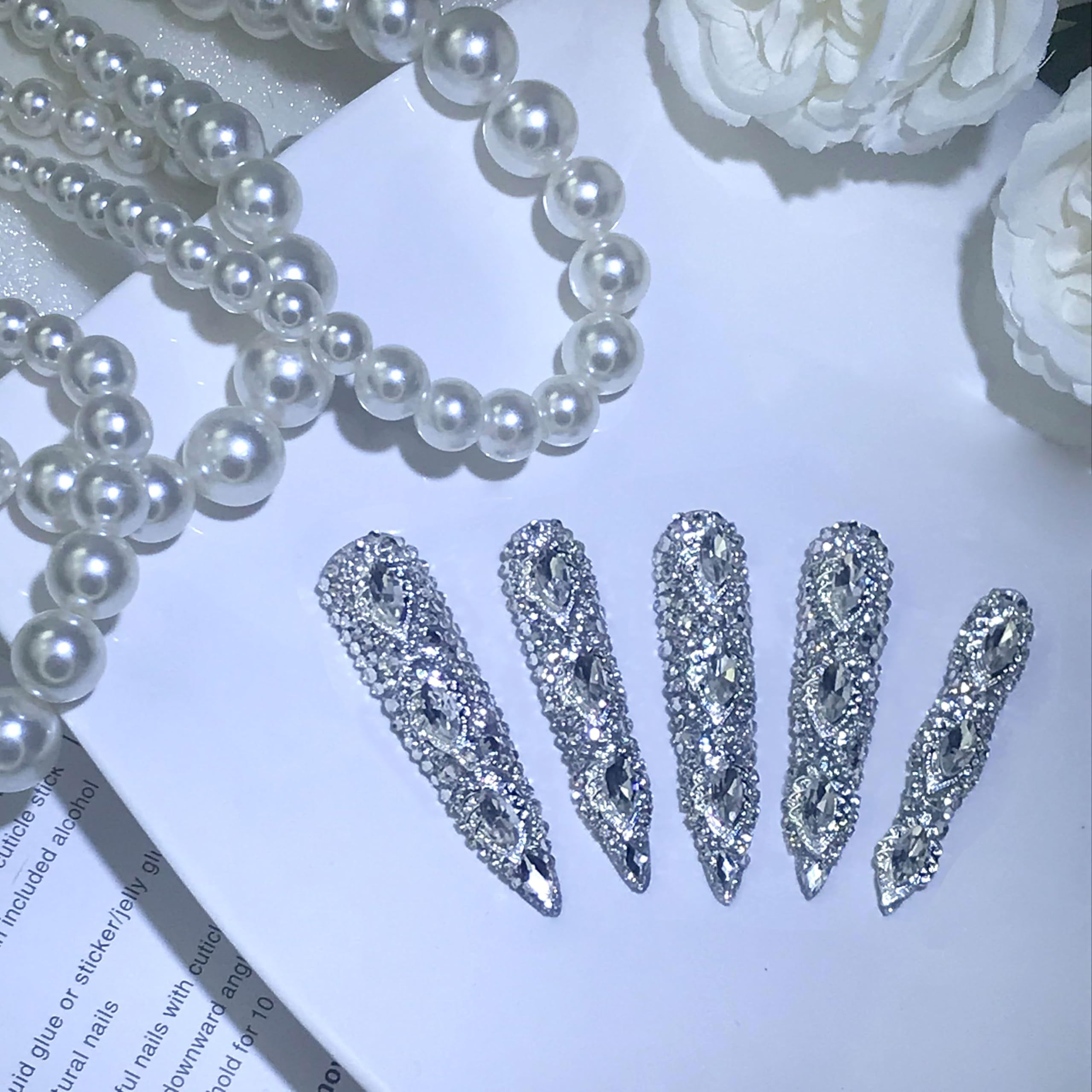 GGddsha Queen Of Haute Style Full Diamond Long AlmondPress On Nails PMMA Acrylic Handmade Nails Full Deluxe 3DCrystal Fake Nails,Glacial Empress - Image 3