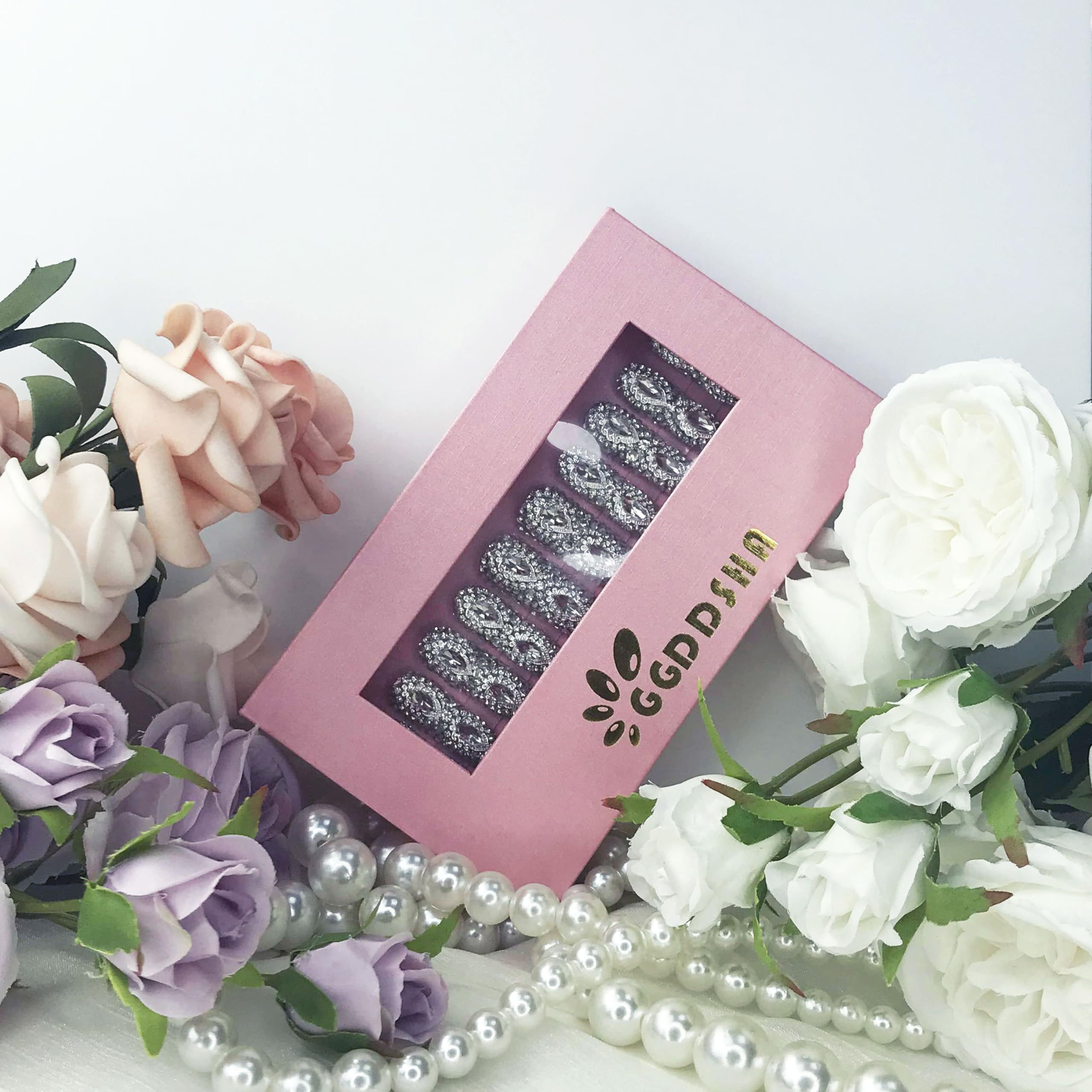 GGddsha Queen Of Haute Style Full Diamond Long AlmondPress On Nails PMMA Acrylic Handmade Nails Full Deluxe 3DCrystal Fake Nails,Glacial Empress - Image 5