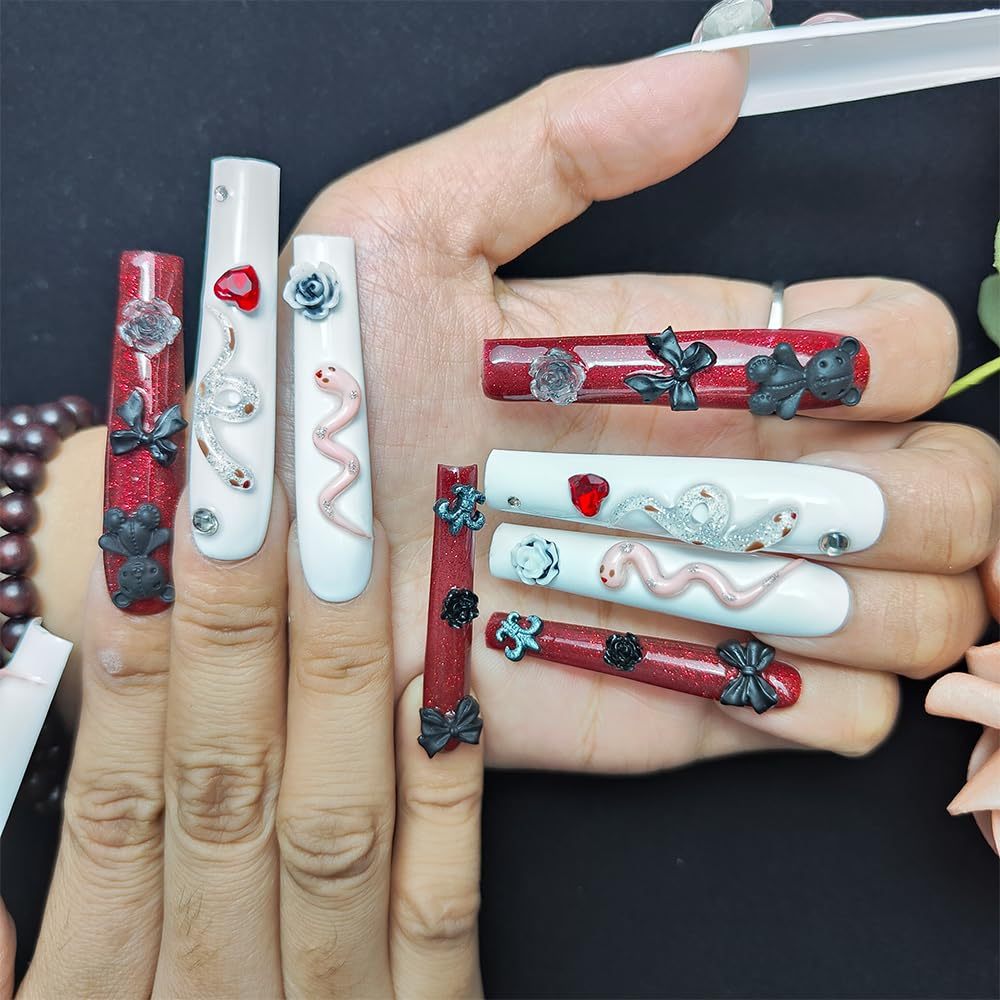 GGddsha Long Handmade PMMA Acrylic Press On Nails WithRhinestone Snake Rose Design, Dark Bear Nails,Reusable Fake Nails W Box, Gift For Women,Scarlet Serpentine - Image 5