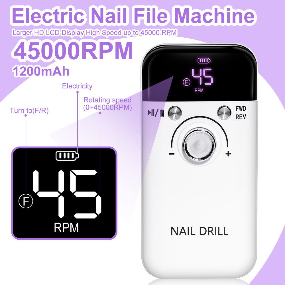 Electric Nail Drill Professional 45000RPM - Rechargeable Nail Drill Kit Portable Electric Nail File With Complete Bits For Acrylic Nails Gel Polishing Removing - Image 6