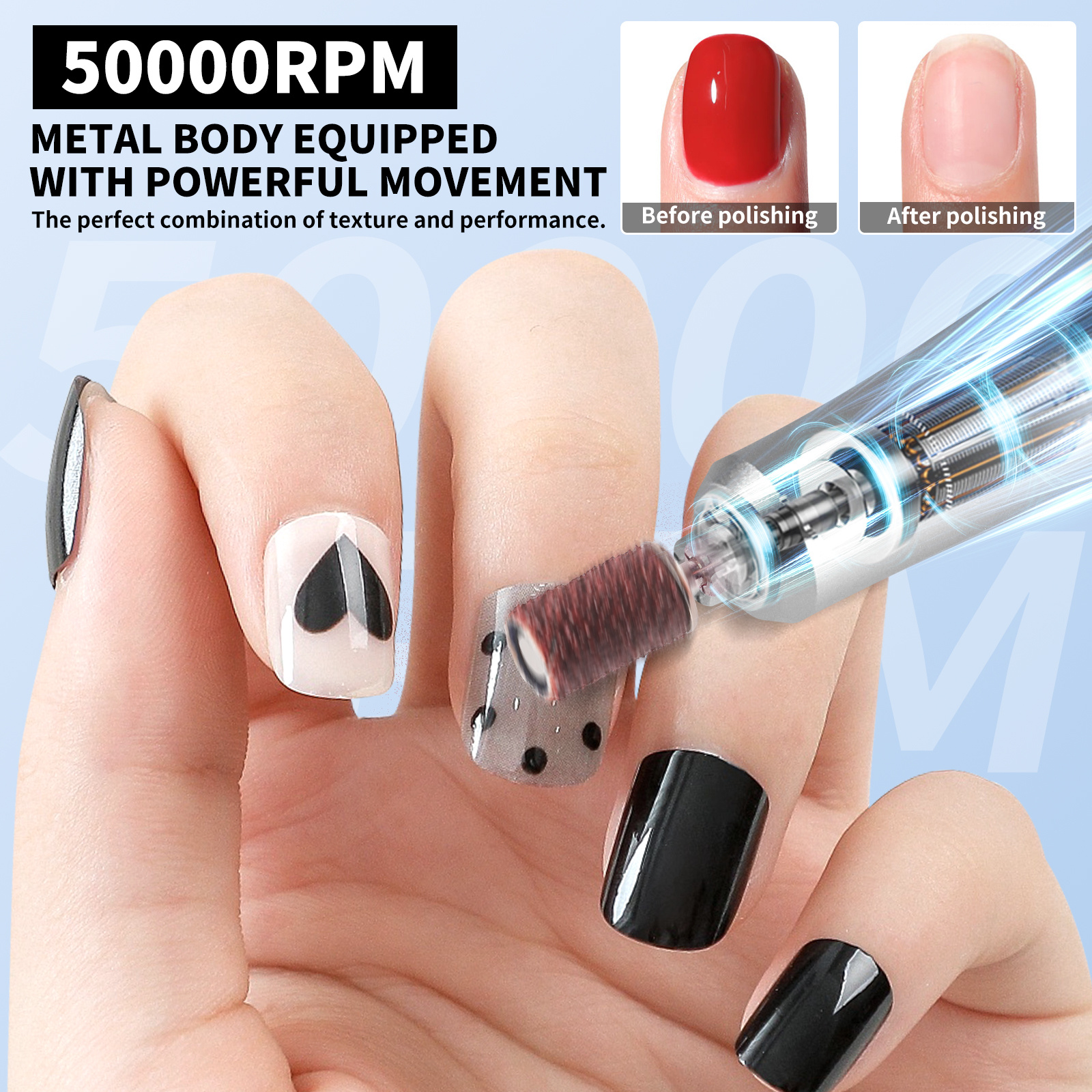 50000RPM Professional Electric Nail File Kit - Rechargeable Cordless Nail Drill For Acrylics Gel Nails, Portable E File Machine With 6 Bits For Home Salon Manicure Pedicure Care - Image 5