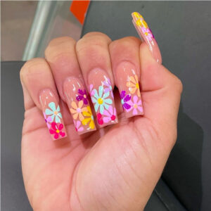 24 PCS Long Flat Flowers Nail Art, Long Length Long Water Pipe Fake Nails,Square Head Nail Tips False Nail