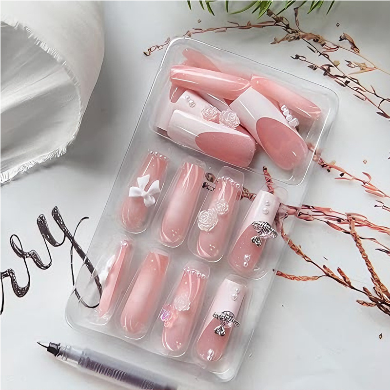 24 PCS Planet Pearl Flower Nail Art, Long Length Long Water Pipe Fake Nails,Square Head Nail Tips False Nail - Image 4