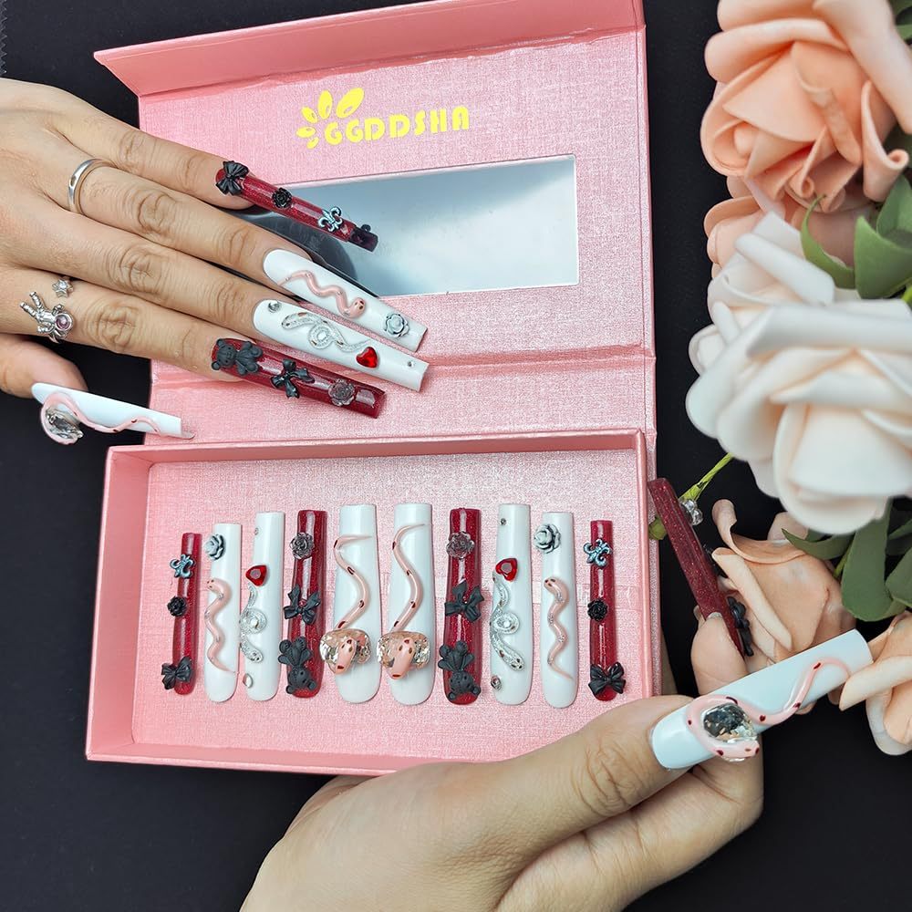 GGddsha Long Handmade PMMA Acrylic Press On Nails WithRhinestone Snake Rose Design, Dark Bear Nails,Reusable Fake Nails W Box, Gift For Women,Scarlet Serpentine - Image 3