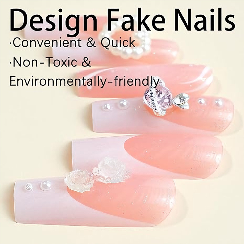 24 PCS Planet Pearl Flower Nail Art, Long Length Long Water Pipe Fake Nails,Square Head Nail Tips False Nail - Image 10