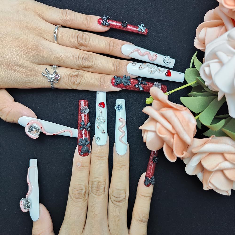 GGddsha Long Handmade PMMA Acrylic Press On Nails WithRhinestone Snake Rose Design, Dark Bear Nails,Reusable Fake Nails W Box, Gift For Women,Scarlet Serpentine - Image 2