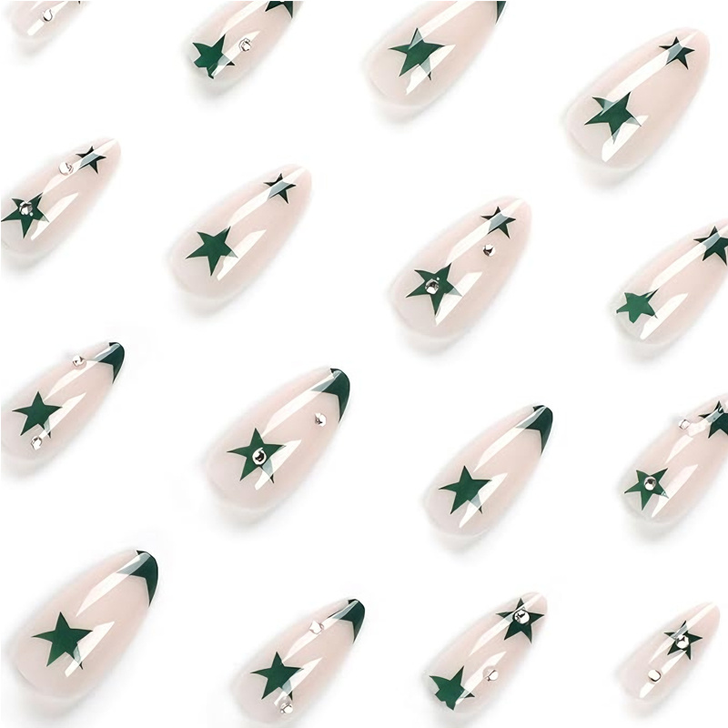 24 PCS Green Star Nail Art, Length Long Water Pipe Fake Nails, Had Nail Tips False Nail - Image 5