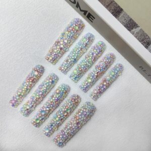 GGddsha Long Novel Design And Reusable HandmadePMMA Acrylic Press On Nails Full Coverage Candy 3D CrystaFake Nails With Box Gifts For Women,Pastel Galaxy