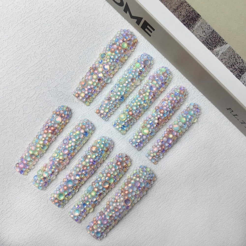 GGddsha Long Novel Design And Reusable HandmadePMMA Acrylic Press On Nails Full Coverage Candy 3D CrystaFake Nails With Box Gifts For Women,Pastel Galaxy