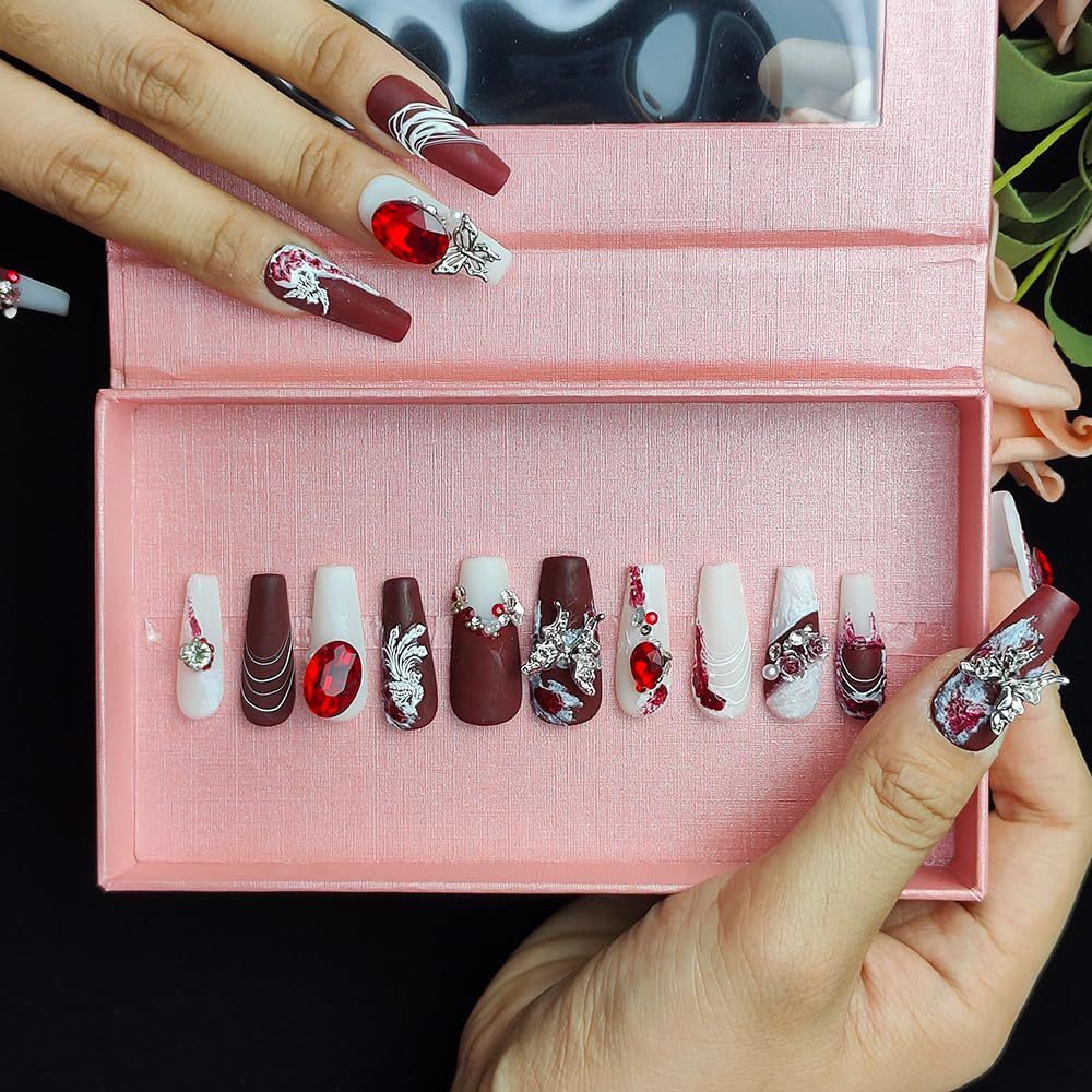 GGddsha New Shiny Crystal Long Press On Nails WithDiamonds Reusable PMA Acrylic Handmade Nails FullDeluxe 3D Crystal Fake Nails W Box Gift For Women,Suede Scarlet - Image 5