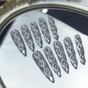 GGddsha Queen Of Haute Style Full Diamond Long AlmondPress On Nails PMMA Acrylic Handmade Nails Full Deluxe 3DCrystal Fake Nails,Glacial Empress