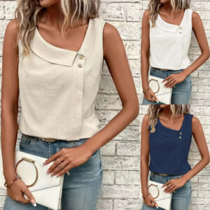 Multi-Color Casual Diagonal Collar Button Vest For Women