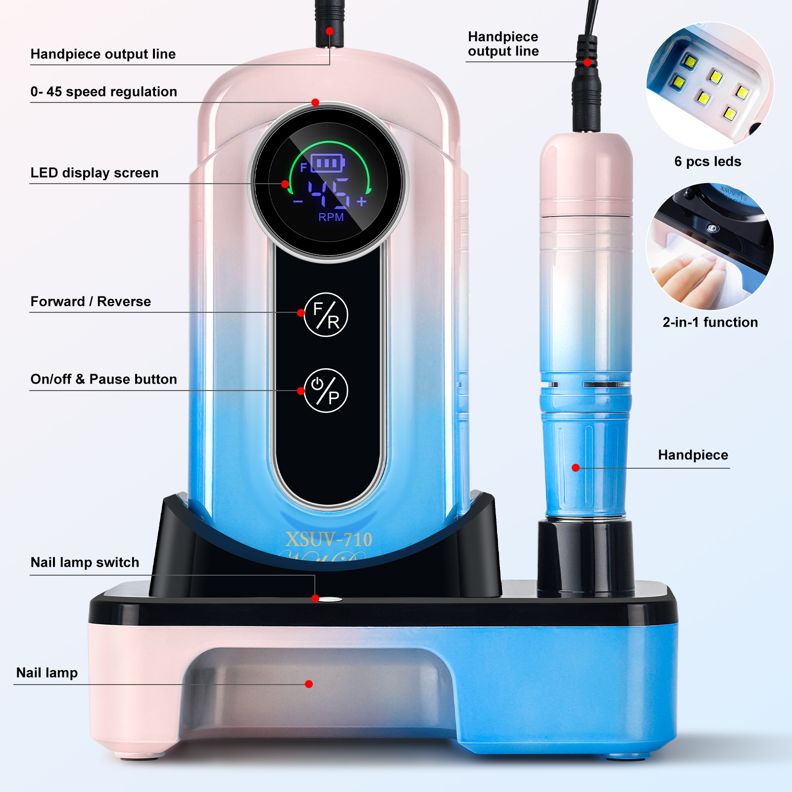 Nail Drill, Portable Electric Nail File 45000RPM, Rechargeable Nail Drill Professional With Bits & Base, For Acrylic Gel Nails, E-File Machine, Manicure Polishing, For Salon Home - Image 8
