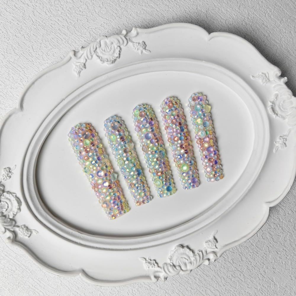 GGddsha Long Novel Design And Reusable HandmadePMMA Acrylic Press On Nails Full Coverage Candy 3D CrystaFake Nails With Box Gifts For Women,Pastel Galaxy - Image 5