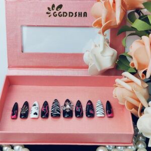 GGddsha Dark Series Pure Handmade Pressed Full StickMedium Almond Nails Hand Painted Designs ReusablePMMA Acrylic Press On Nails With Rhinestones Fake Nailsw Box Ladies Gifts,Eclipse Sketch
