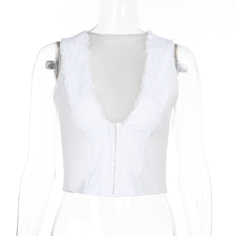 V-neck Lace-trimmed Hook-and-eye Crop-top Camisole For Spicy Girls - Image 2