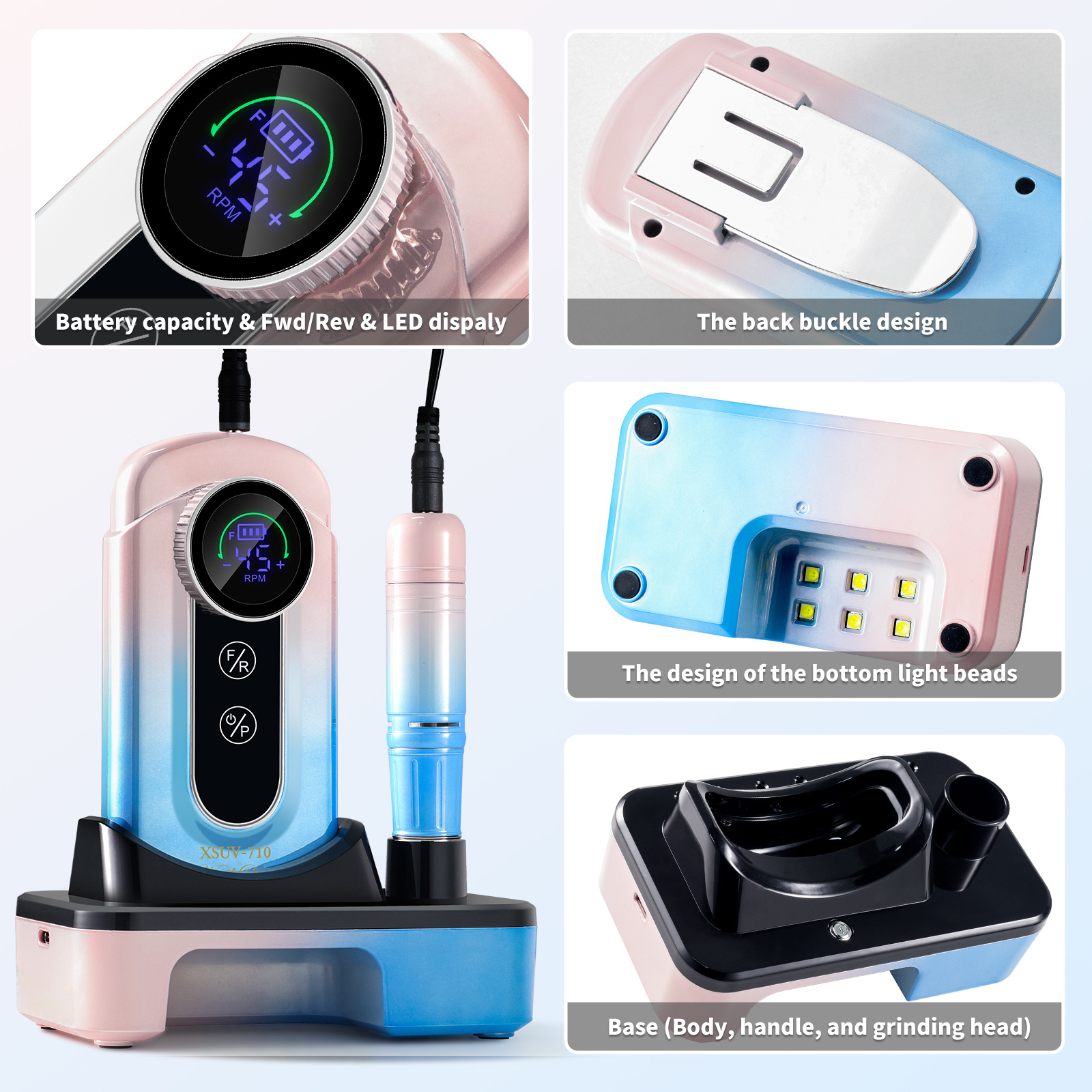 Nail Drill, Portable Electric Nail File 45000RPM, Rechargeable Nail Drill Professional With Bits & Base, For Acrylic Gel Nails, E-File Machine, Manicure Polishing, For Salon Home - Image 7