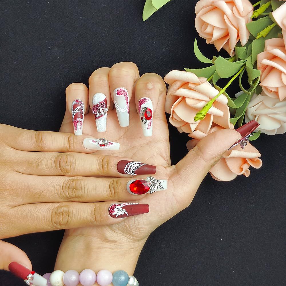 GGddsha New Shiny Crystal Long Press On Nails WithDiamonds Reusable PMA Acrylic Handmade Nails FullDeluxe 3D Crystal Fake Nails W Box Gift For Women,Suede Scarlet - Image 4