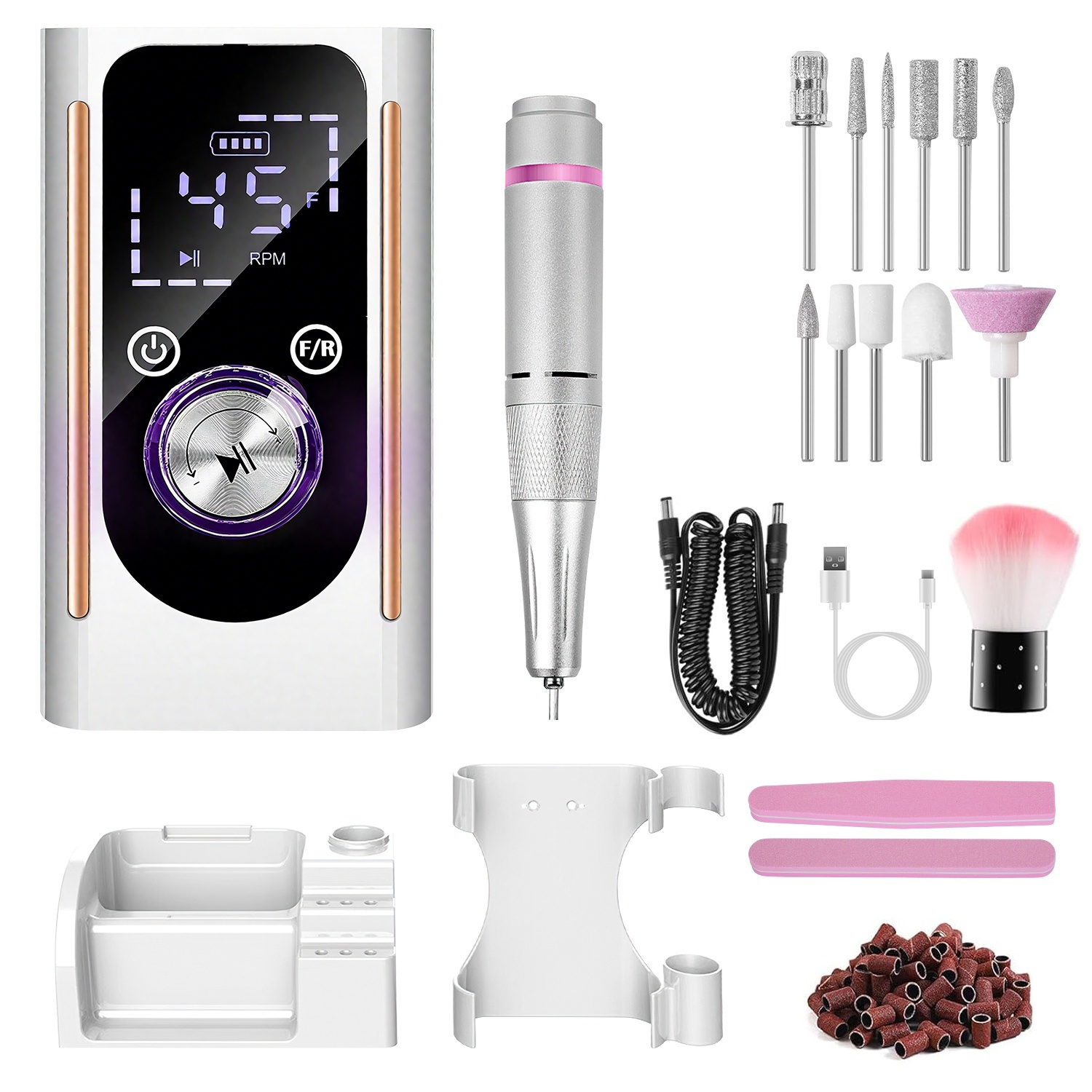1 Set Portable Electric Nail Drill Bit 45000 RPM With 11 Bits Base Waist Clip Cordless Rechargeable Nail File Machine For Professional Salon Home Acrylic Nails Remove Nail Gel Polish Manicure
