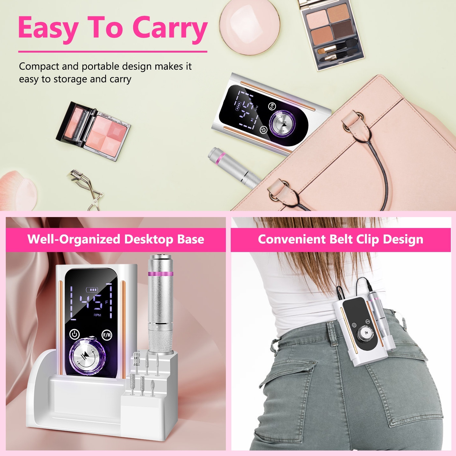 1 Set Portable Electric Nail Drill Bit 45000 RPM With 11 Bits Base Waist Clip Cordless Rechargeable Nail File Machine For Professional Salon Home Acrylic Nails Remove Nail Gel Polish Manicure - Image 7