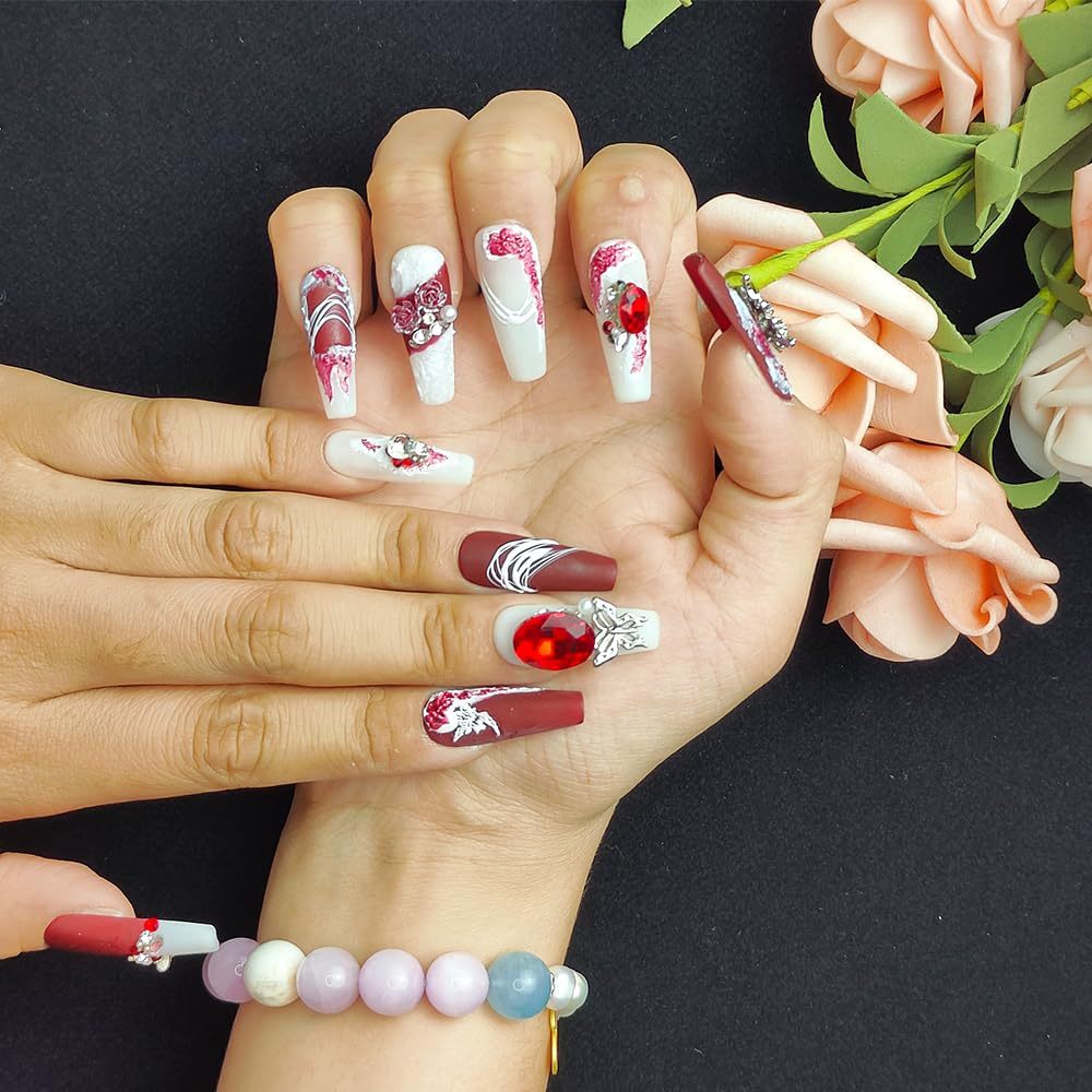 GGddsha New Shiny Crystal Long Press On Nails WithDiamonds Reusable PMA Acrylic Handmade Nails FullDeluxe 3D Crystal Fake Nails W Box Gift For Women,Suede Scarlet - Image 2
