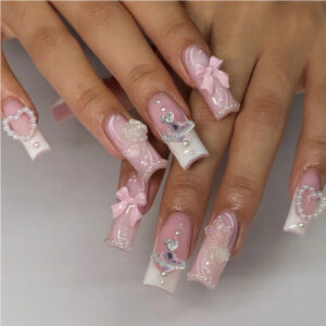 24 PCS Planet Pearl Flower Nail Art, Long Length Long Water Pipe Fake Nails,Square Head Nail Tips False Nail