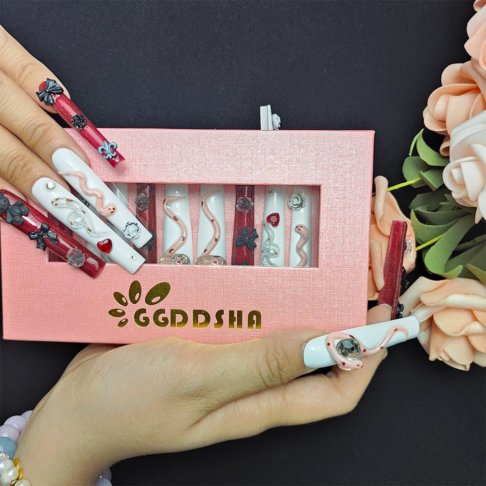 GGddsha Long Handmade PMMA Acrylic Press On Nails WithRhinestone Snake Rose Design, Dark Bear Nails,Reusable Fake Nails W Box, Gift For Women,Scarlet Serpentine - Image 4