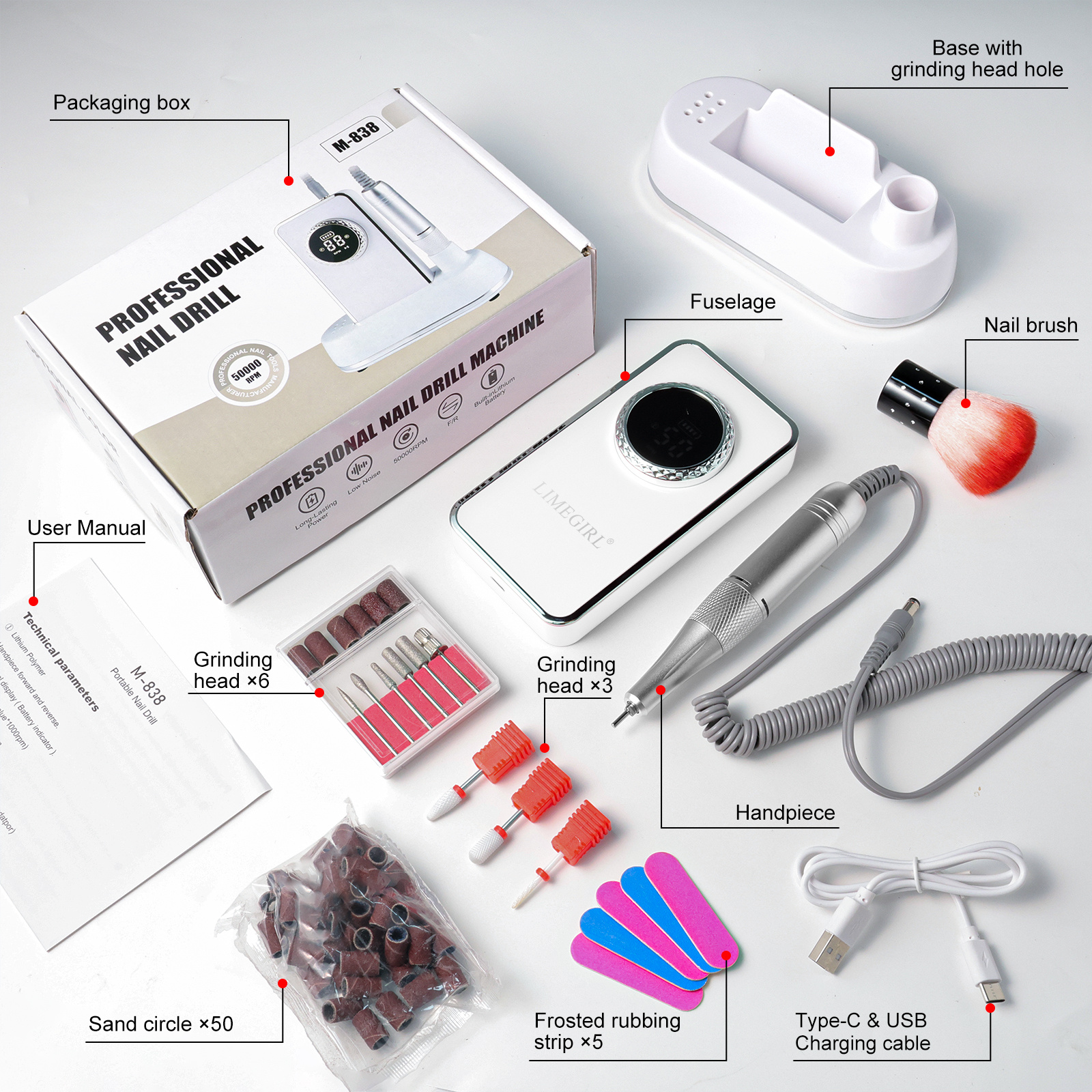 50000RPM Professional Electric Nail File Kit - Rechargeable Cordless Nail Drill For Acrylics Gel Nails, Portable E File Machine With 6 Bits For Home Salon Manicure Pedicure Care - Image 3