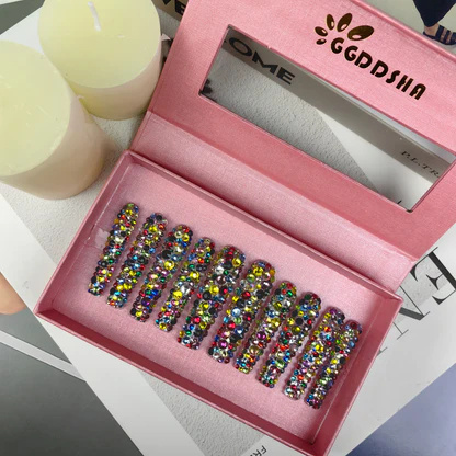 GGddsha Long Nail Designs Reusable PMMA AcrylicBaroque Glass Style Press-on Nails With Box Gifts ForWomen,Mosaic Mirage - Image 6