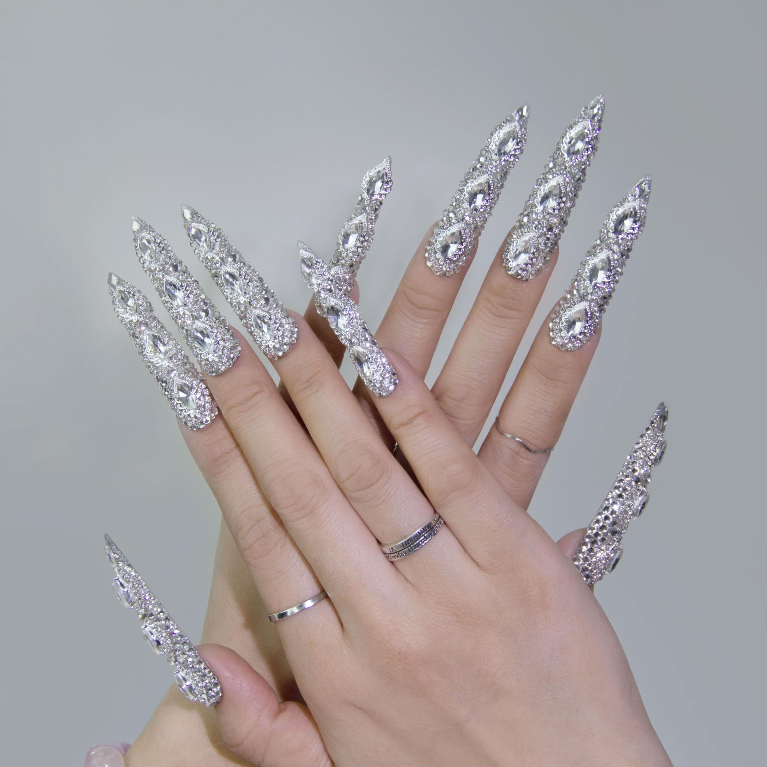 GGddsha Queen Of Haute Style Full Diamond Long AlmondPress On Nails PMMA Acrylic Handmade Nails Full Deluxe 3DCrystal Fake Nails,Glacial Empress - Image 4