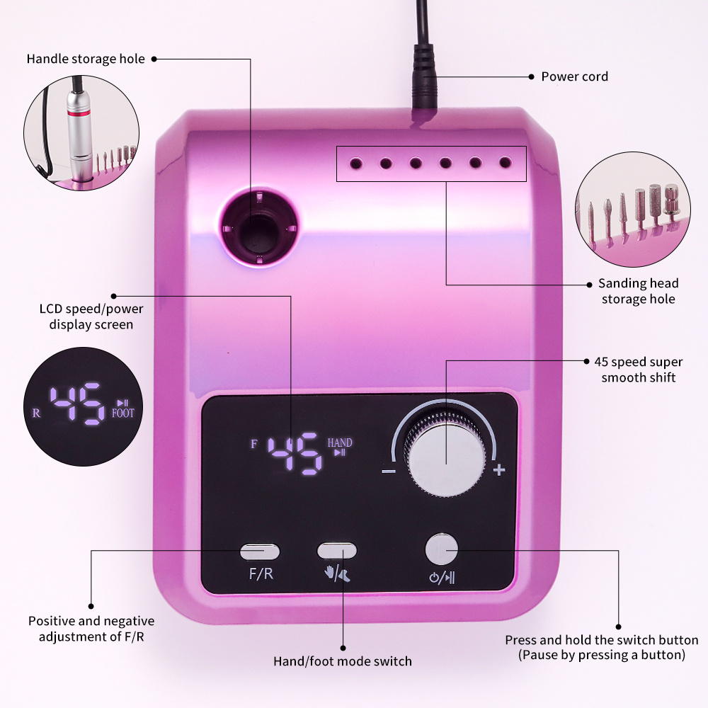 Electric Nail Drill Professional - 45000 RPM Nail File Kit Machine With LCD Display, Hand & Foot Control Low Noise For Acrylic, Gel Nails, Manicure & Pedicure - Salon & Home Use - Image 3