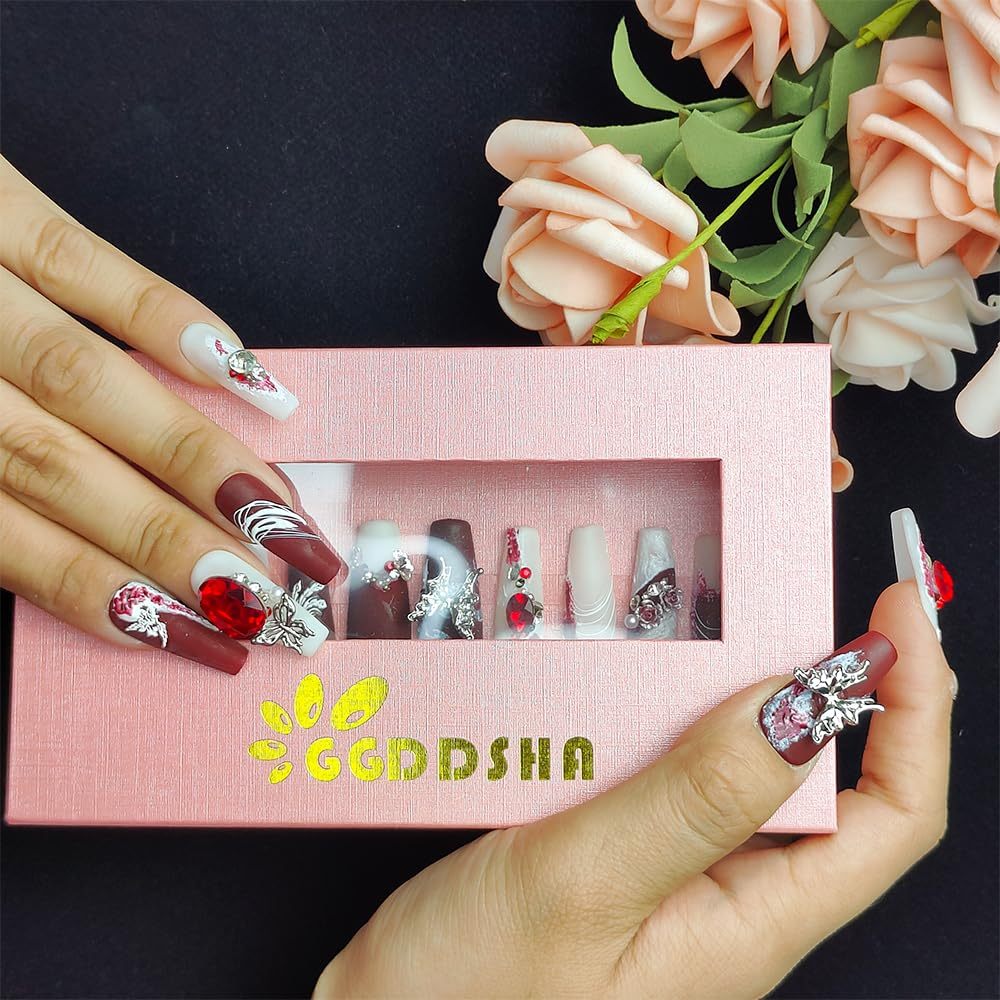GGddsha New Shiny Crystal Long Press On Nails WithDiamonds Reusable PMA Acrylic Handmade Nails FullDeluxe 3D Crystal Fake Nails W Box Gift For Women,Suede Scarlet - Image 3