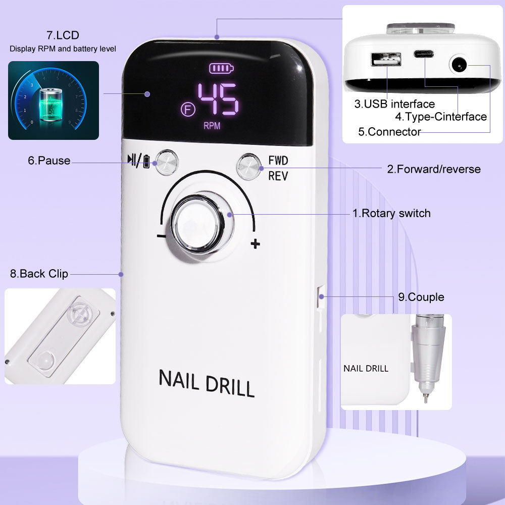 Electric Nail Drill Professional 45000RPM - Rechargeable Nail Drill Kit Portable Electric Nail File With Complete Bits For Acrylic Nails Gel Polishing Removing - Image 7