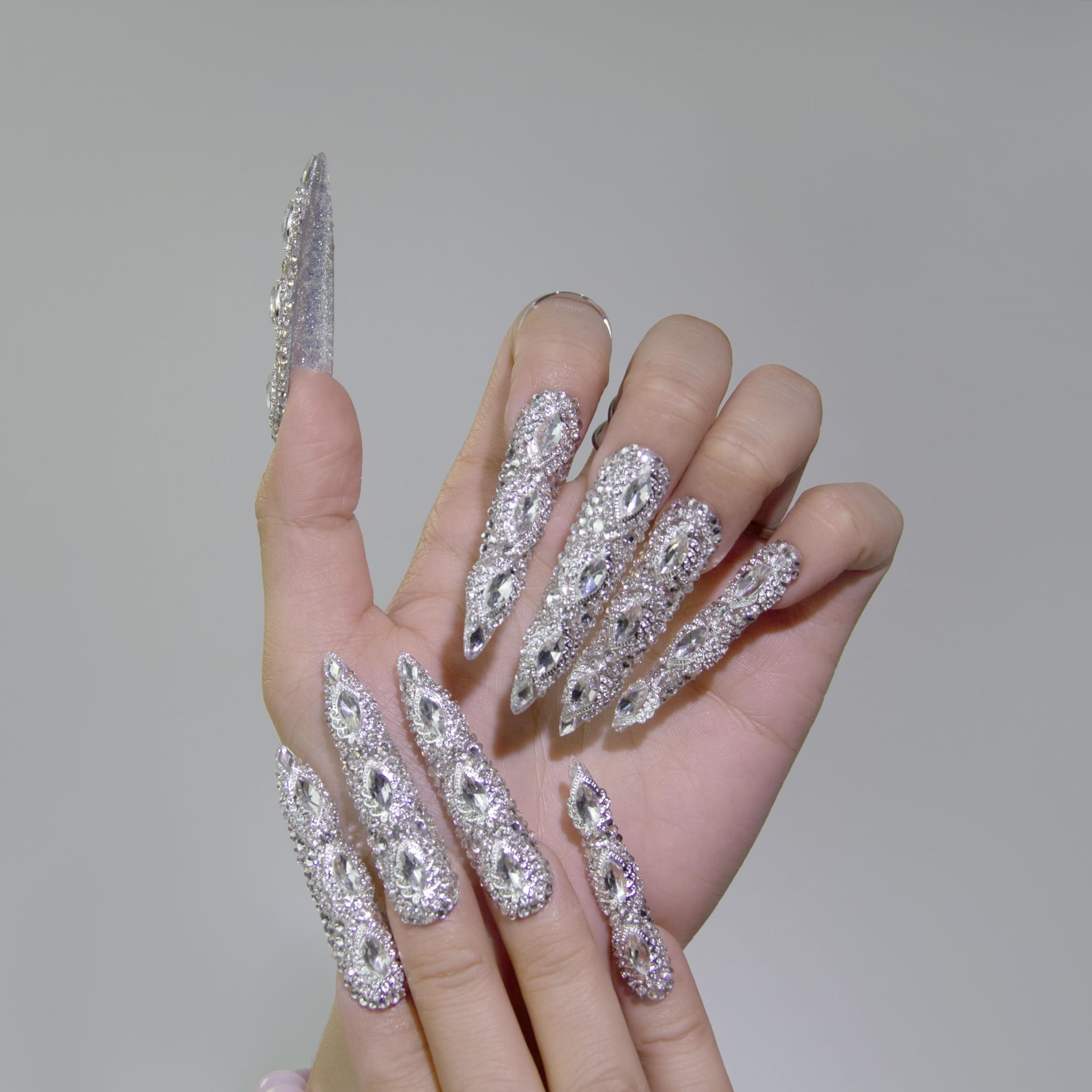 GGddsha Queen Of Haute Style Full Diamond Long AlmondPress On Nails PMMA Acrylic Handmade Nails Full Deluxe 3DCrystal Fake Nails,Glacial Empress - Image 2