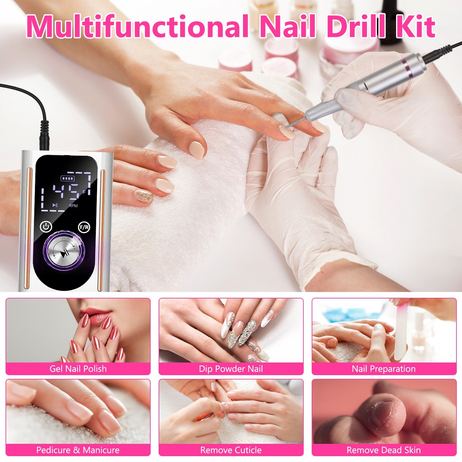 1 Set Portable Electric Nail Drill Bit 45000 RPM With 11 Bits Base Waist Clip Cordless Rechargeable Nail File Machine For Professional Salon Home Acrylic Nails Remove Nail Gel Polish Manicure - Image 4