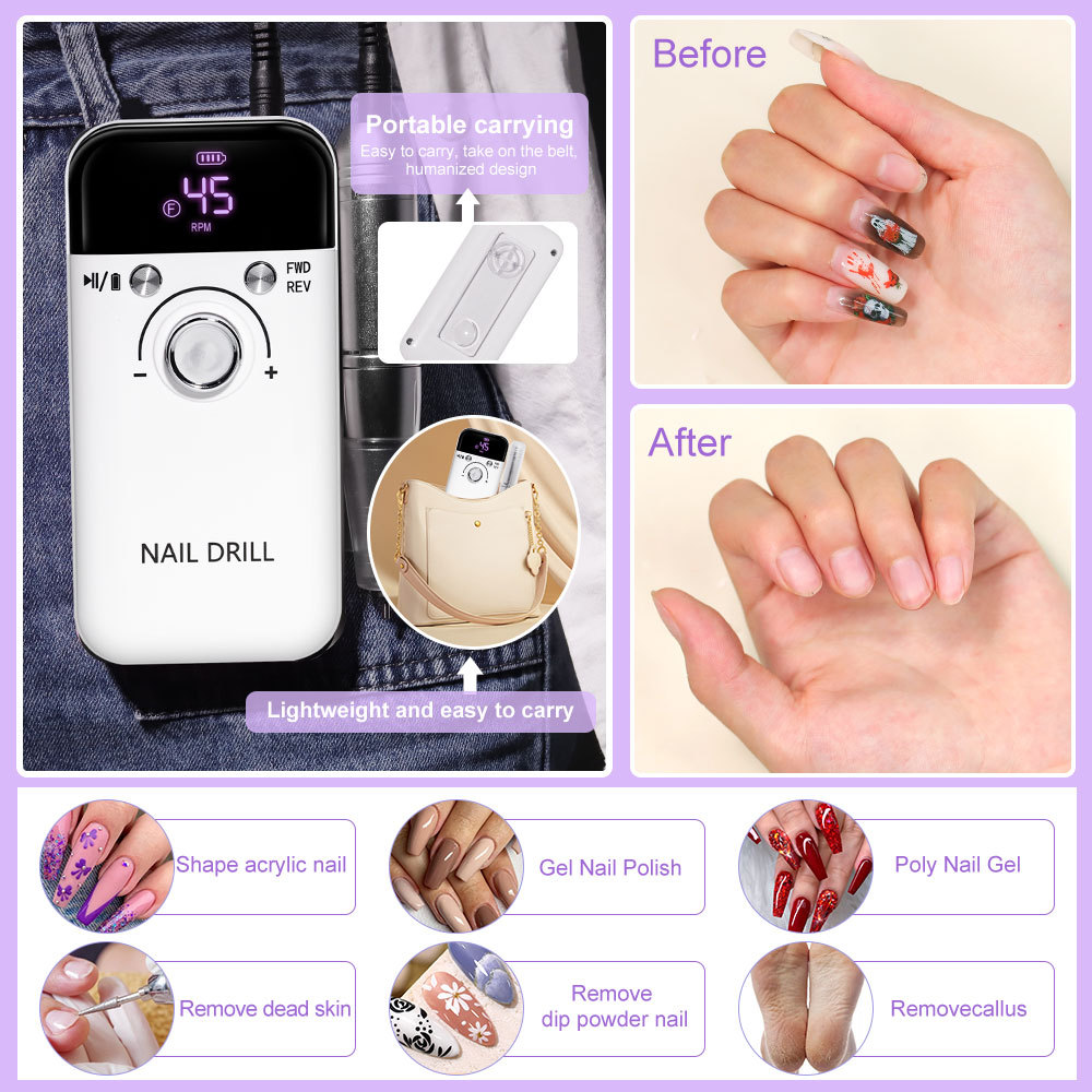 Electric Nail Drill Professional 45000RPM - Rechargeable Nail Drill Kit Portable Electric Nail File With Complete Bits For Acrylic Nails Gel Polishing Removing - Image 3