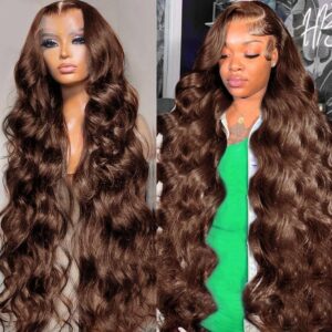 Chocolate Brown 13x4 Lace Front Wig Human Hair Color 4 Body Wave Density