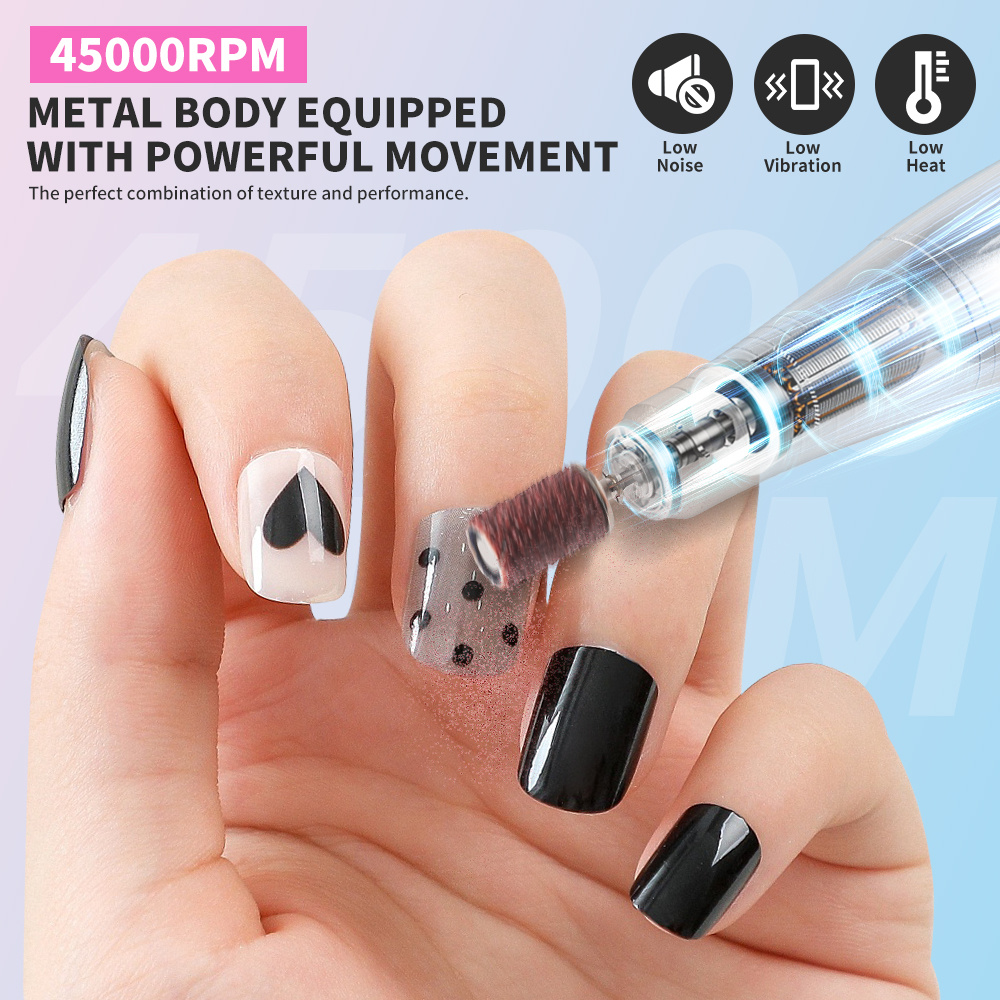 Electric Nail Drill Professional - 45000RPM Rechargeable Nail File With Bits & Base For Acrylic Gel Nails, Professional Nail Drill Manicure Pedicure Polishing Shape Tools For Home Salon - Image 6
