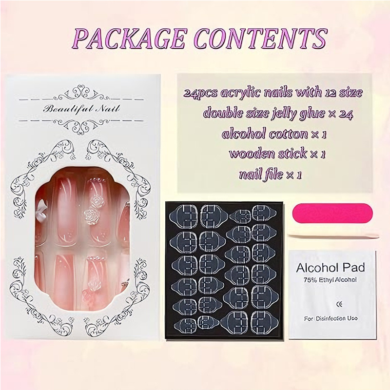 24 PCS Planet Pearl Flower Nail Art, Long Length Long Water Pipe Fake Nails,Square Head Nail Tips False Nail - Image 7
