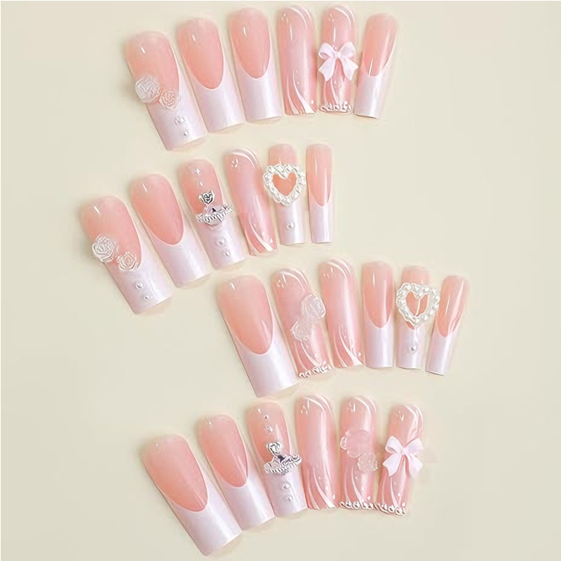 24 PCS Planet Pearl Flower Nail Art, Long Length Long Water Pipe Fake Nails,Square Head Nail Tips False Nail - Image 3