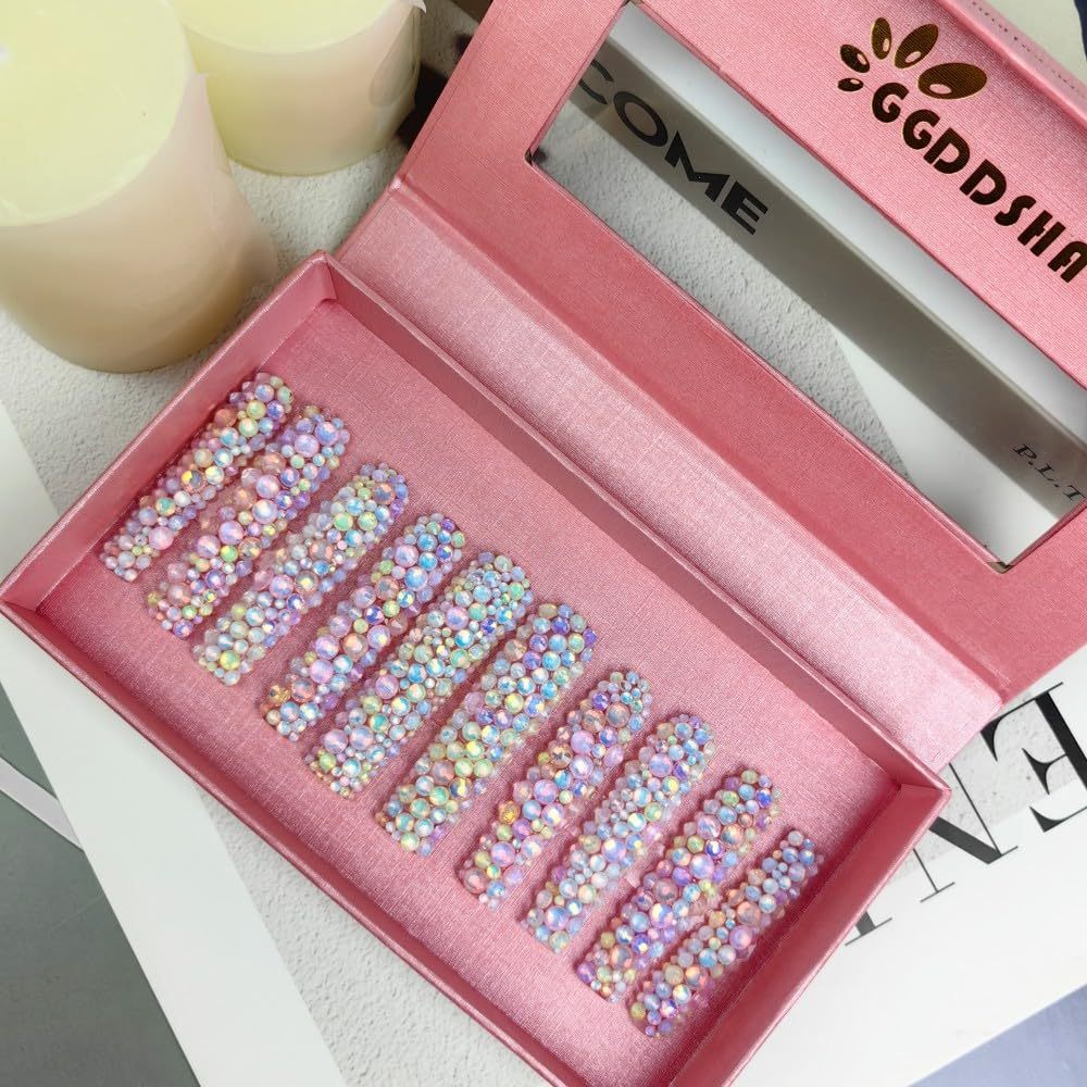 GGddsha Long Novel Design And Reusable HandmadePMMA Acrylic Press On Nails Full Coverage Candy 3D CrystaFake Nails With Box Gifts For Women,Pastel Galaxy - Image 4