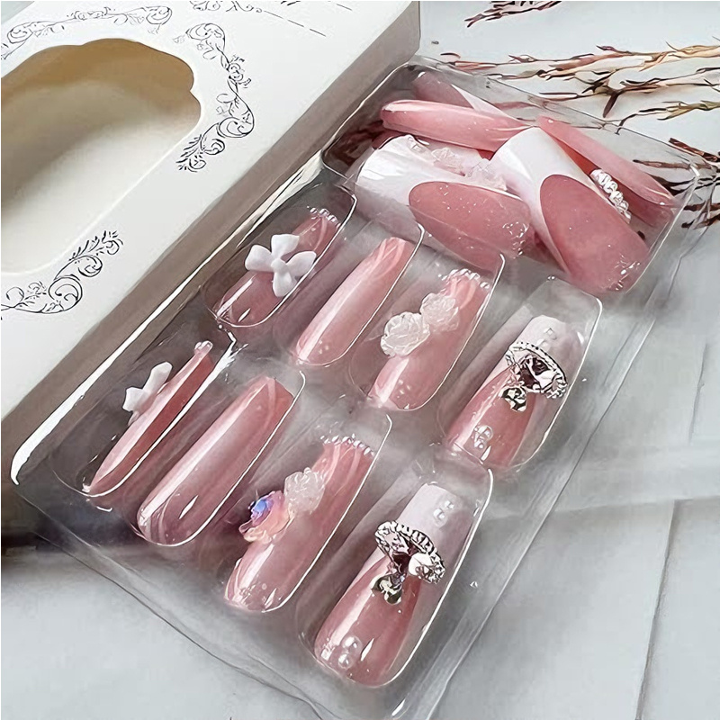 24 PCS Planet Pearl Flower Nail Art, Long Length Long Water Pipe Fake Nails,Square Head Nail Tips False Nail - Image 9