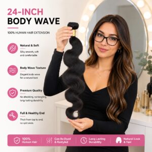 Glueless Body Wave Human Hair Bundles For Daily Wear10A Virgin Remy Hair Weave Soft & Thick Natural BlackHuman Hair Extensions 24 Inches