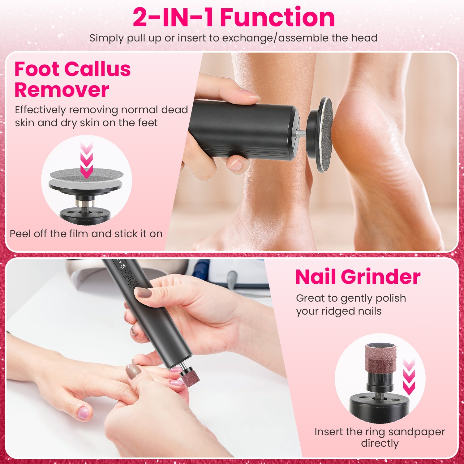 2 In 1 Electric Foot Callus Remover Nail Grinder Feet Care Kit For Women Rechargeable Foot File With 40 Sanding Discs Bands For Dead Skin Cracked Heels Home Salon Use - Image 9